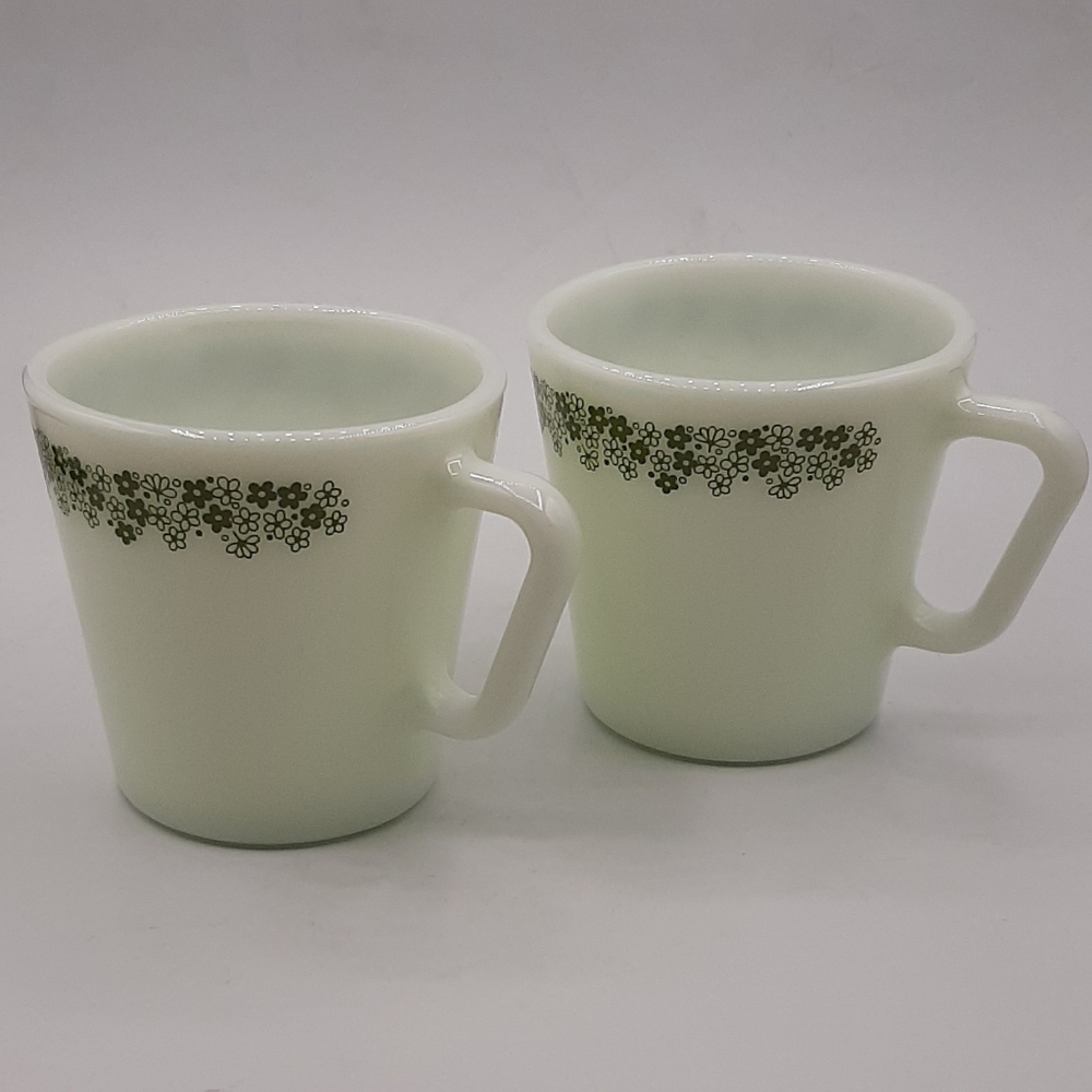 Vintage Pyrex Coffee Cup Mug Milk Glass Green Crazy Daisy Spring Blossom Pair